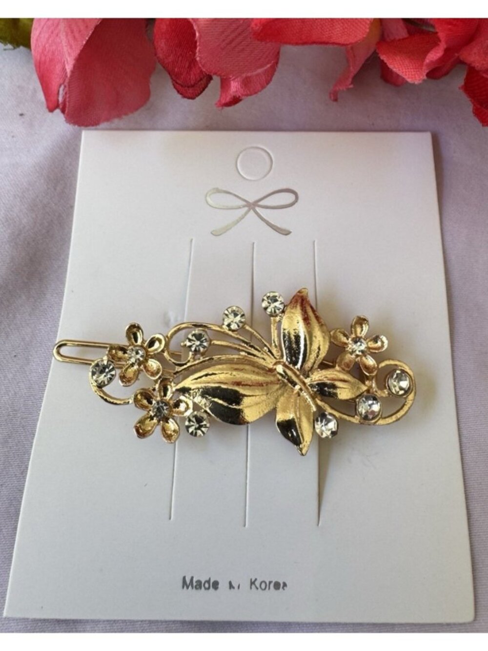 Flower Hair Clip Clamp Butterfly Flower Bling Gold Crystal Rhinestone 2.5"